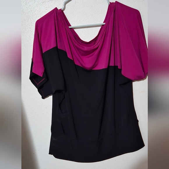 torrid Tops - Torrid Fuchsia and Black Off Shoulder Asymmetrical Blouse.